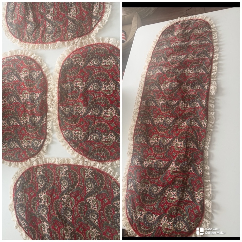 Vintage paisley Christmas placements and table runner lace trimmed